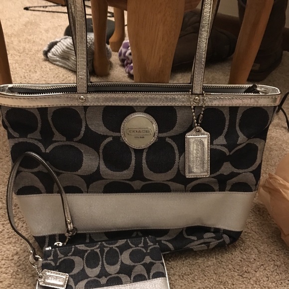 Coach Handbags - Coach Denim Stripe Bag & Matching Wristlet
